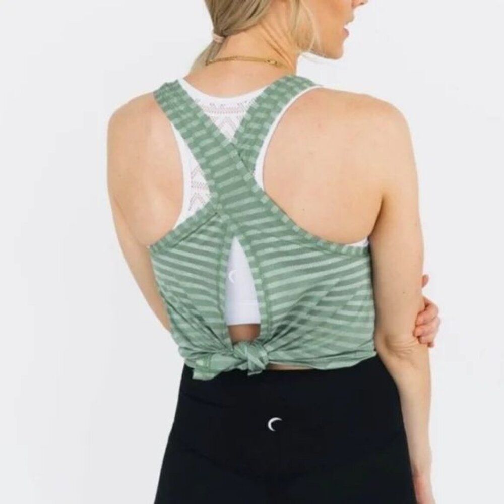 ZYIA Active Forest Nimbus Split Open Back Athletic Tank Top Green Stripes